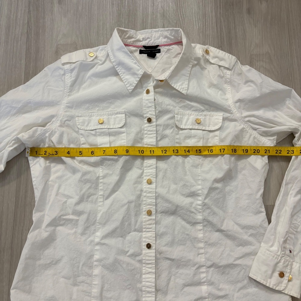 Tommy Hilfiger Womens Shirt White Button Down Utility Gold Buttons Epaulets XL - Picture 5 of 16